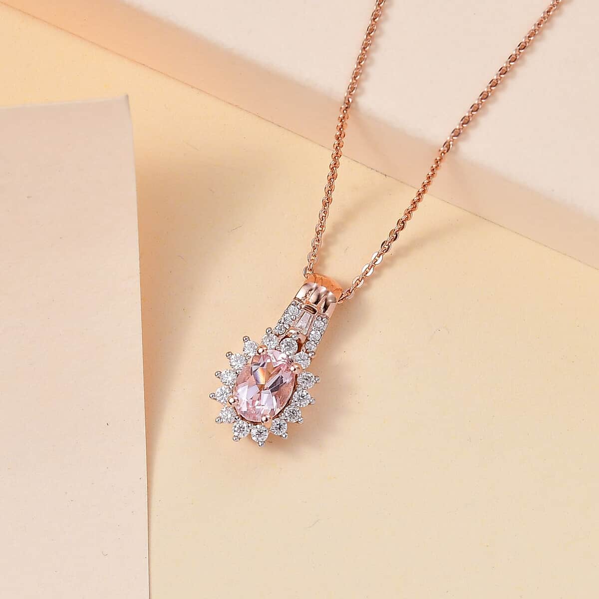 Premium Pink Morganite and Moissanite Pendant Necklace 20 Inches in 18K Vermeil Rose Gold Over Sterling Silver 1.10 ctw image number 1