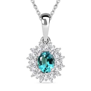 Premium Pirineu Lagoon Tourmaline and Moissanite Sunburst Pendant Necklace 20 Inches in Rhodium Over Sterling Silver 0.70 ctw