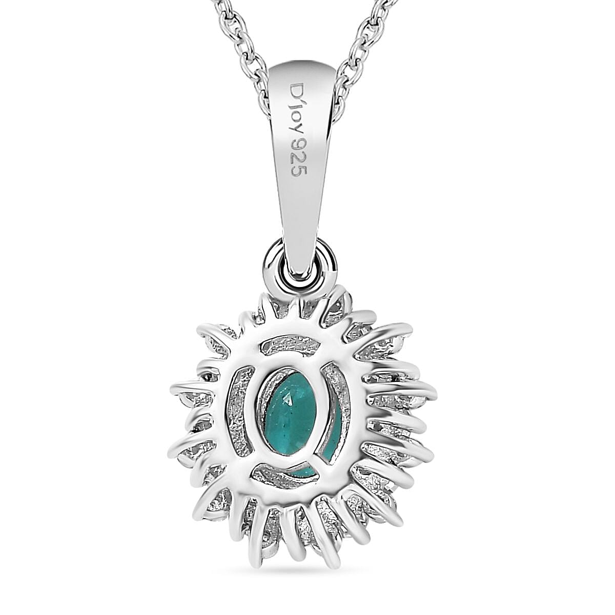 Premium Pirineu Lagoon Tourmaline and Moissanite Sunburst Pendant Necklace 20 Inches in Rhodium Over Sterling Silver 0.70 ctw