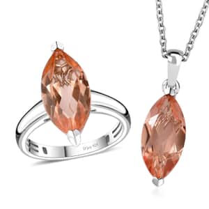 Morganique Quartz (Triplet) Solitaire Ring (Size 6.0) and Pendant in Rhodium Over Sterling Silver with Stainless Steel Necklace 20 Inches 8.40 ctw