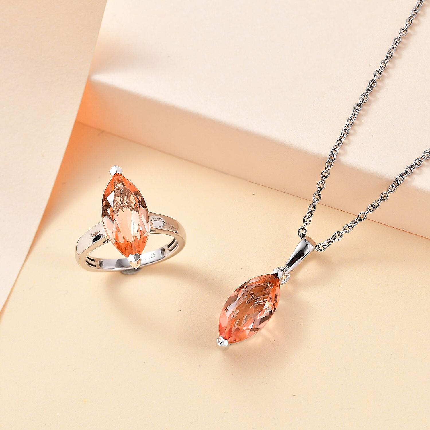 Morganique Quartz (Triplet) Solitaire Ring (Size 6.0) and Pendant in Rhodium Over Sterling Silver with Stainless Steel Necklace 20 Inches 8.40 ctw