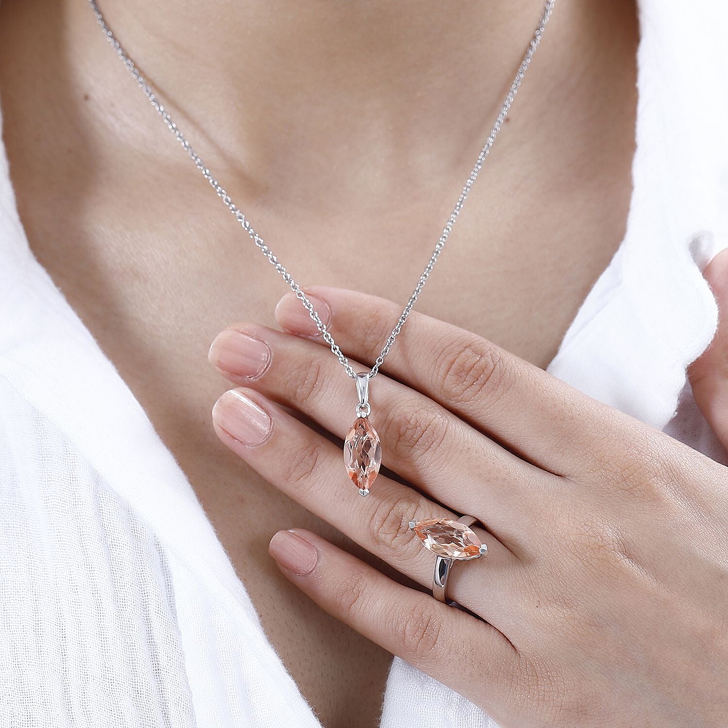 Morganique Quartz (Triplet) Solitaire Ring (Size 6.0) and Pendant in Rhodium Over Sterling Silver with Stainless Steel Necklace 20 Inches 8.40 ctw