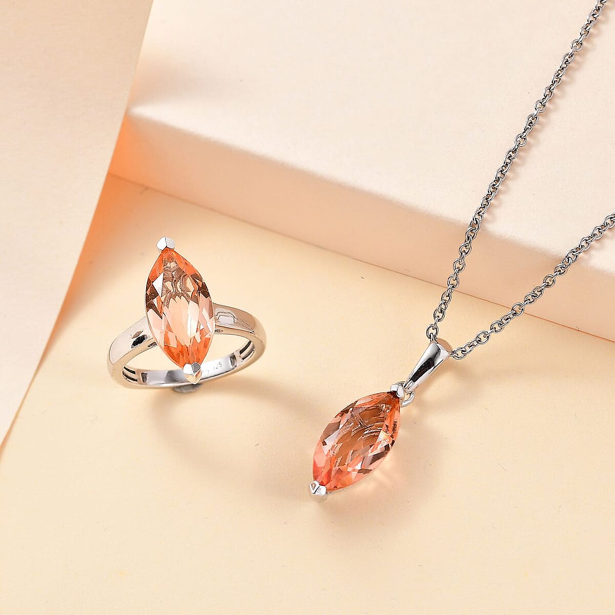 Morganique Quartz (Triplet) Solitaire Ring (Size 7.0) and Pendant in Rhodium Over Sterling Silver with Stainless Steel Necklace 20 Inches 8.40 ctw image number 1
