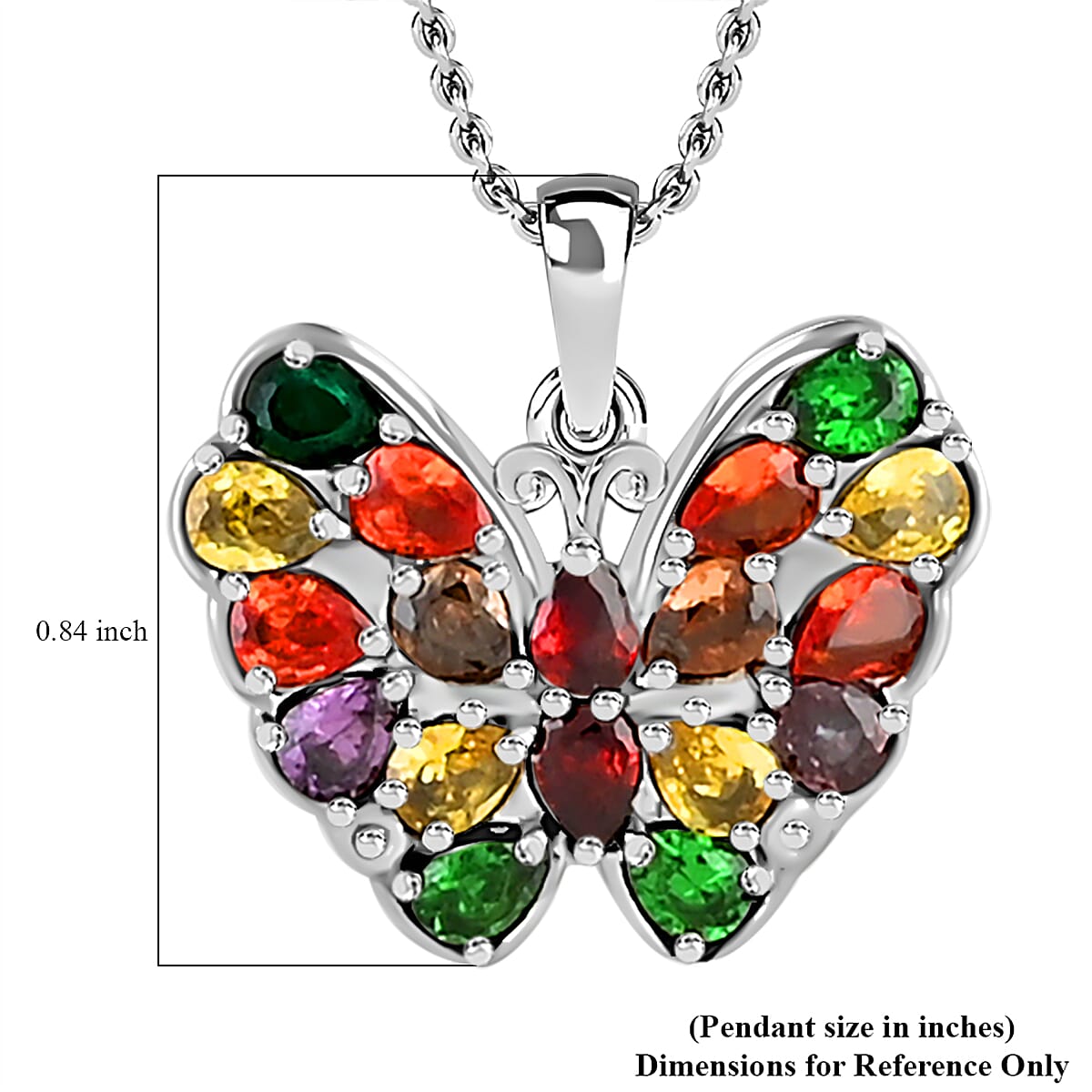 Simulated Multi Color Diamond 4.50 ctw Butterfly Pendant Necklace 20 Inches in Stainless Steel 
