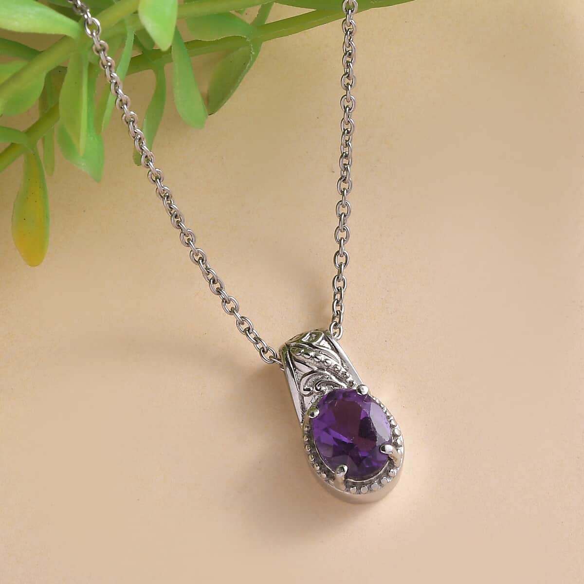 African Amethyst 1.65 ctw Solitaire Pendant Necklace in Stainless Steel 20 Inches image number 1