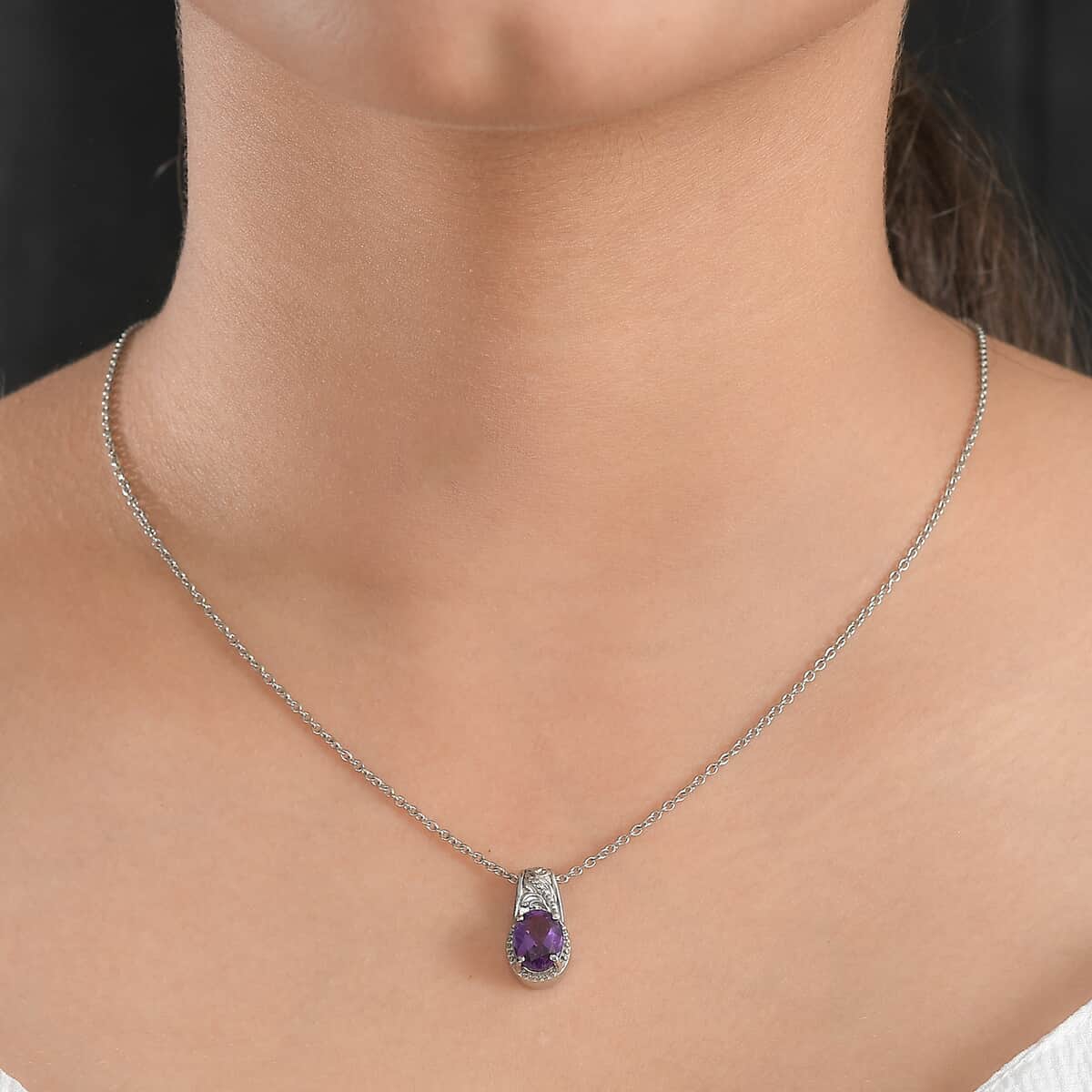 African Amethyst 1.65 ctw Solitaire Pendant Necklace in Stainless Steel 20 Inches image number 2