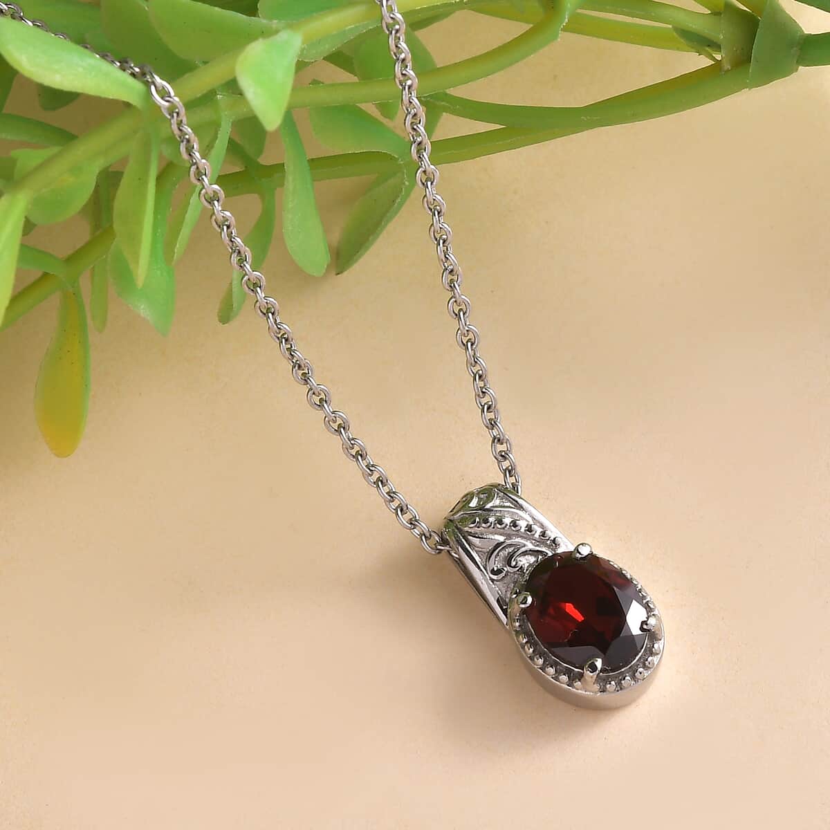 Mozambique Garnet 2.10 ctw Solitaire Pendant Necklace in Stainless Steel 20 Inches image number 1