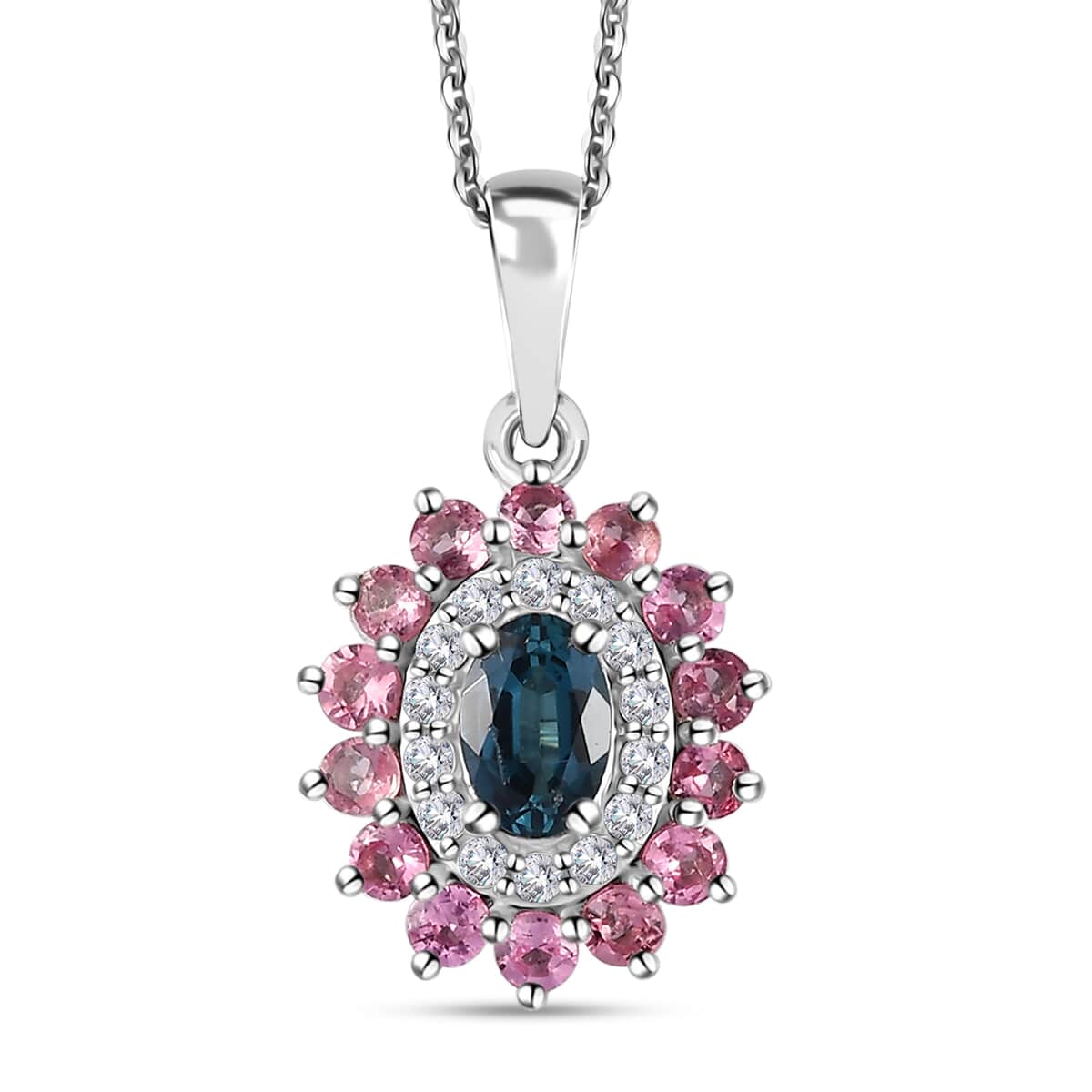 Premium Monte Belo Indicolite and Multi Gemstone 1.35 ctw Sunburst Pendant Necklace in Rhodium Over Sterling Silver 20 Inches image number 0