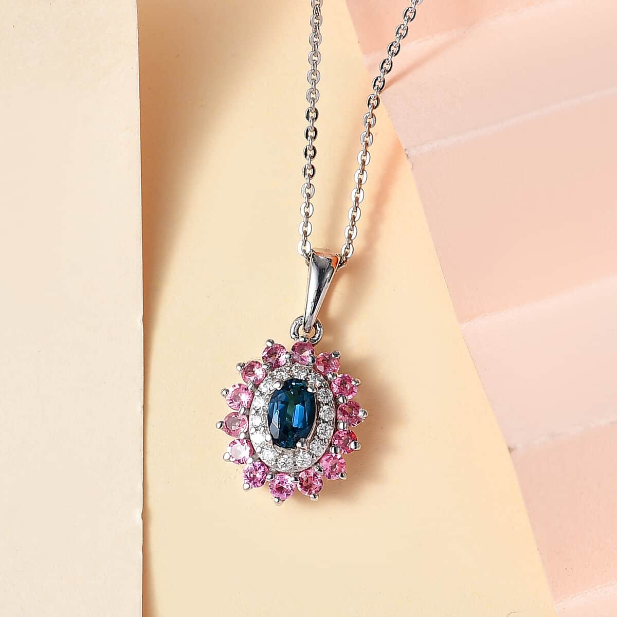 Premium Monte Belo Indicolite and Multi Gemstone 1.35 ctw Sunburst Pendant Necklace in Rhodium Over Sterling Silver 20 Inches image number 1