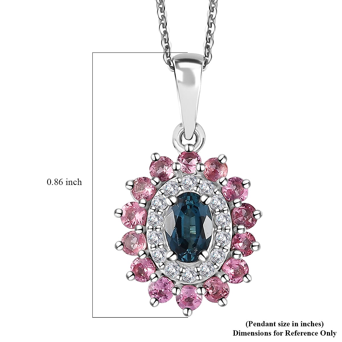 Premium Monte Belo Indicolite and Multi Gemstone 1.35 ctw Sunburst Pendant Necklace in Rhodium Over Sterling Silver 20 Inches