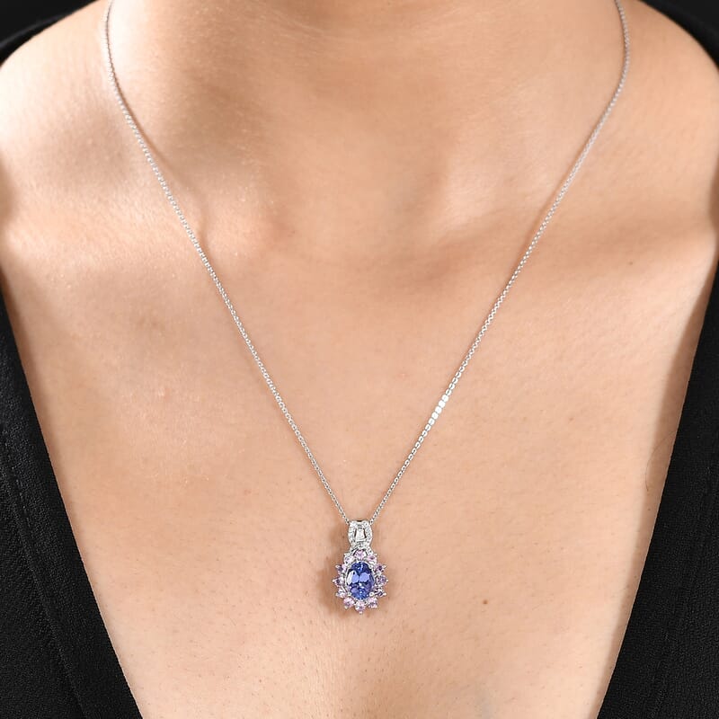Tanzanite and Multi Gemstone 2.20 ctw Chandelier Tree Pendant Necklace 20 Inches in Platinum Over and Rhodium Over Sterling Silver