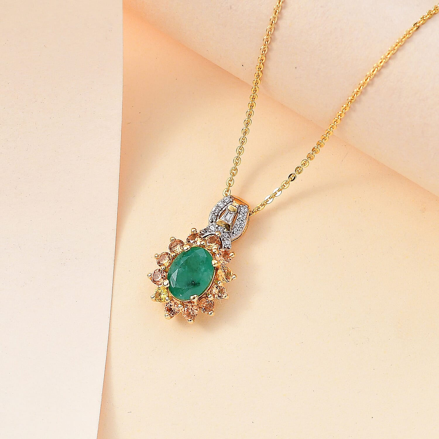 Kagem Zambian Emerald and Multi Gemstone 2.10 ctw Chandelier Tree Pendant Necklace 20 Inches in 18K Vermeil Yellow Gold Over Sterling Silver