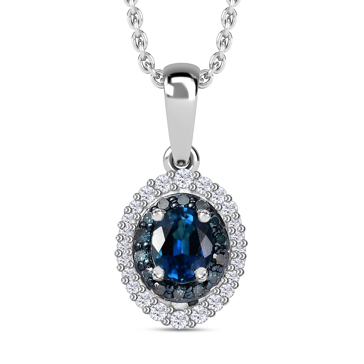 Premium Monte Belo Indicolite, Blue and White Diamond 0.50 ctw Oceanic Radiance Pendant Necklace 20 Inches in Rhodium Over Sterling Silver image number 0