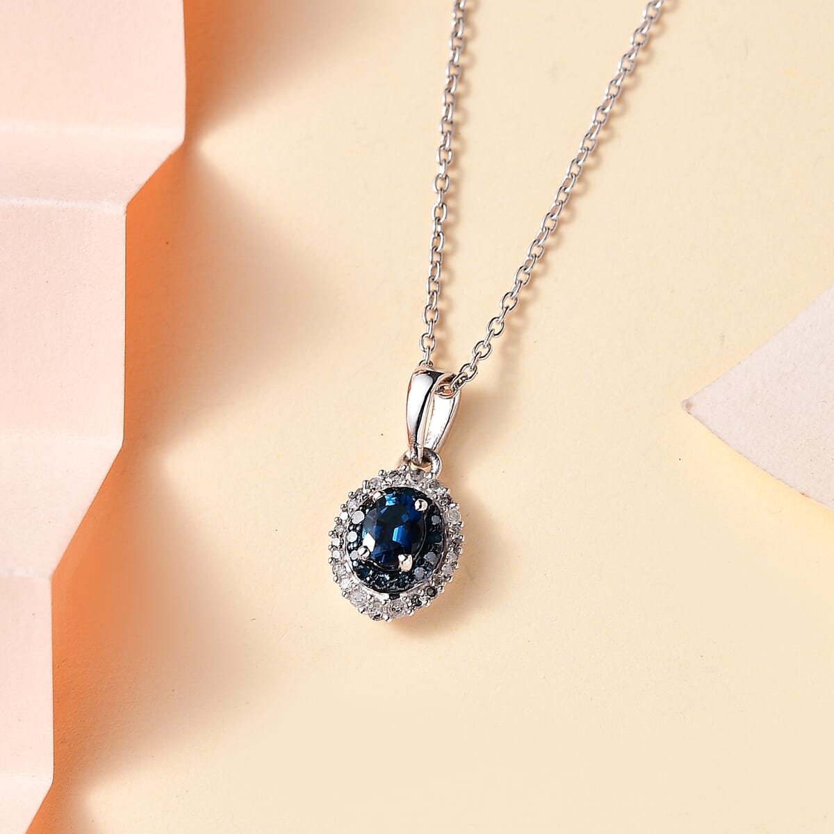 Premium Monte Belo Indicolite, Blue and White Diamond 0.50 ctw Oceanic Radiance Pendant Necklace 20 Inches in Rhodium Over Sterling Silver image number 1