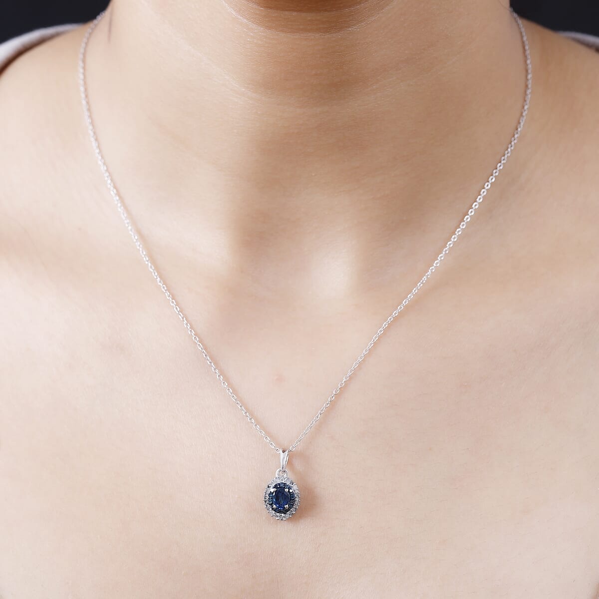 Premium Monte Belo Indicolite, Blue and White Diamond 0.50 ctw Oceanic Radiance Pendant Necklace 20 Inches in Rhodium Over Sterling Silver image number 2