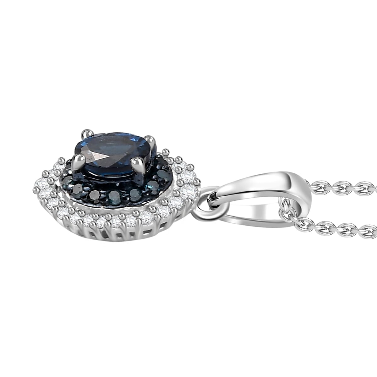 Premium Monte Belo Indicolite, Blue and White Diamond 0.50 ctw Oceanic Radiance Pendant Necklace 20 Inches in Rhodium Over Sterling Silver image number 3