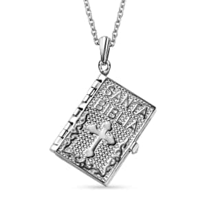 Lords Prayer Pendant in Rhodium Over Sterling Silver 6.65 Grams with Stainless Steel Necklace 20 Inches