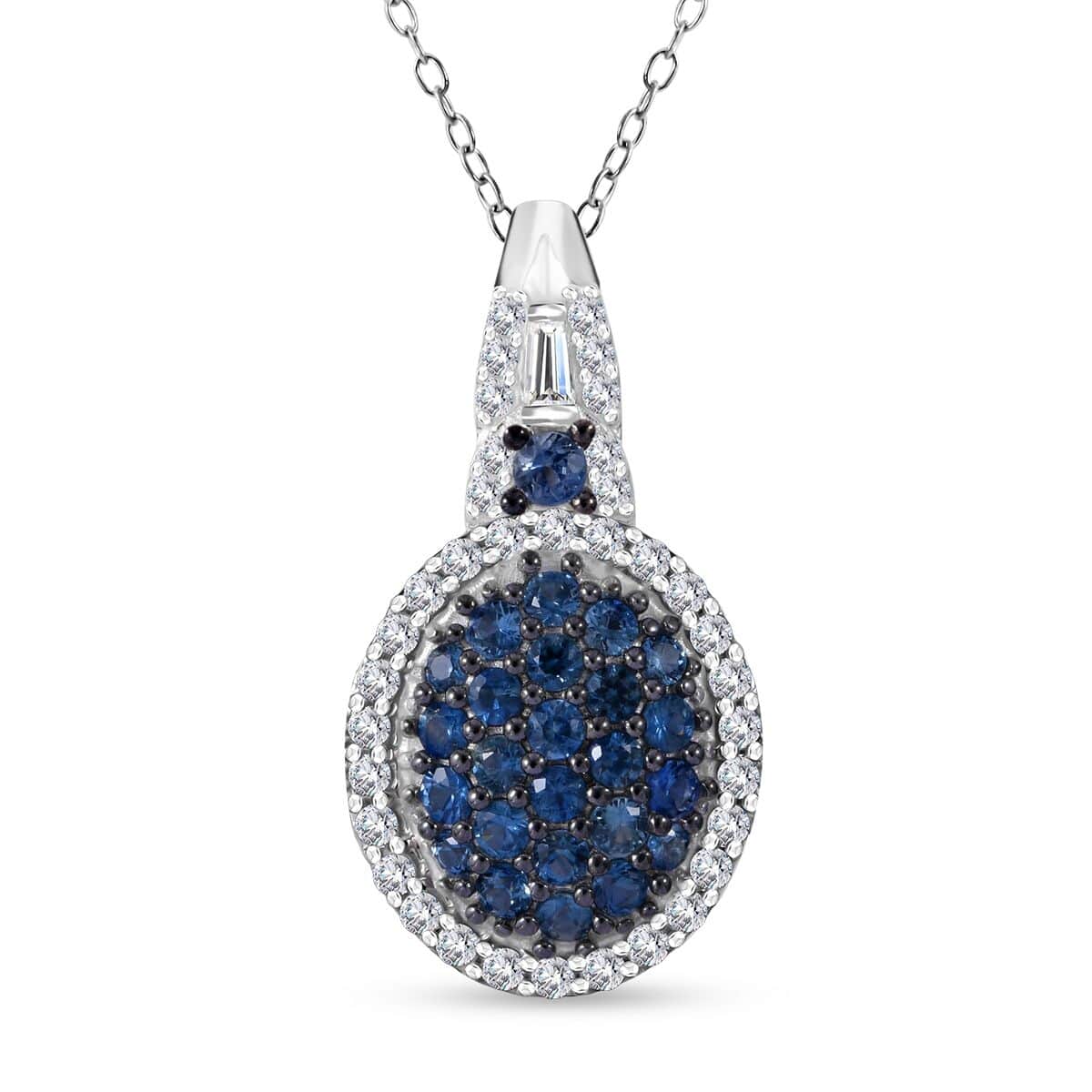 Ceylon Blue Sapphire and Moissanite Cluster Pendant Necklace 20 Inches in Rhodium Over Sterling Silver 1.35 ctw image number 0