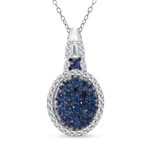 Ceylon Blue Sapphire and Moissanite Cluster Pendant Necklace 20 Inches in Rhodium Over Sterling Silver 1.35 ctw