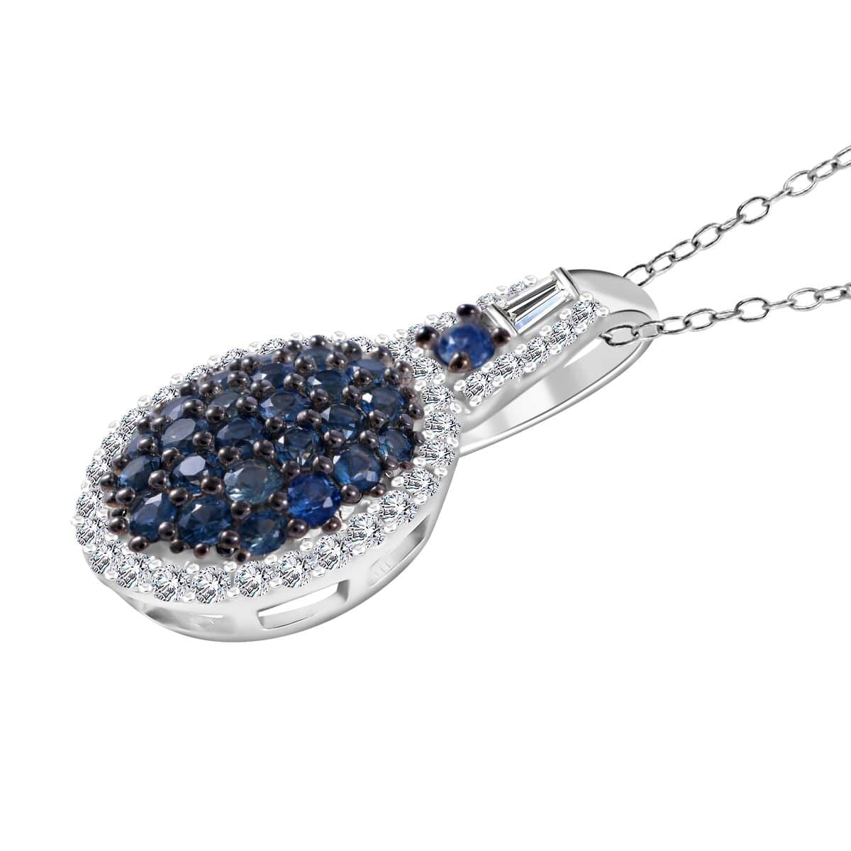 Ceylon Blue Sapphire and Moissanite Cluster Pendant Necklace 20 Inches in Rhodium Over Sterling Silver 1.35 ctw image number 2