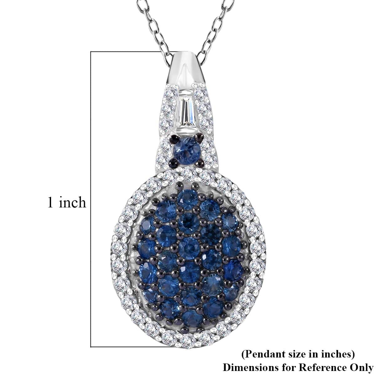 Ceylon Blue Sapphire and Moissanite Cluster Pendant Necklace 20 Inches in Rhodium Over Sterling Silver 1.35 ctw image number 4