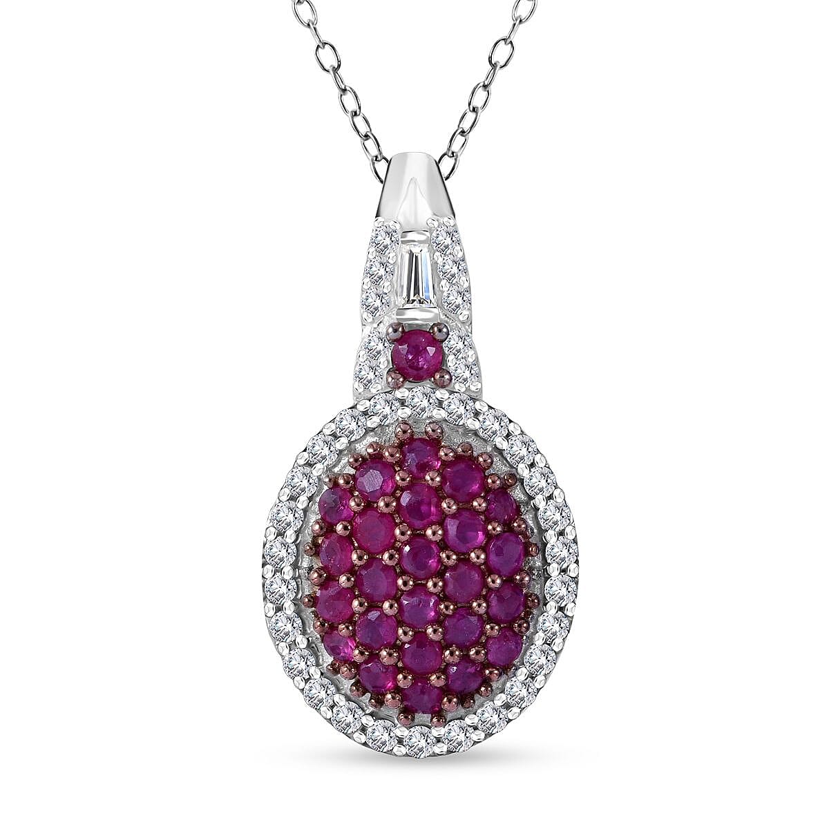 Mozambique Ruby and Moissanite Cluster Pendant Necklace 20 Inches in Rhodium Over Sterling Silver 1.10 ctw