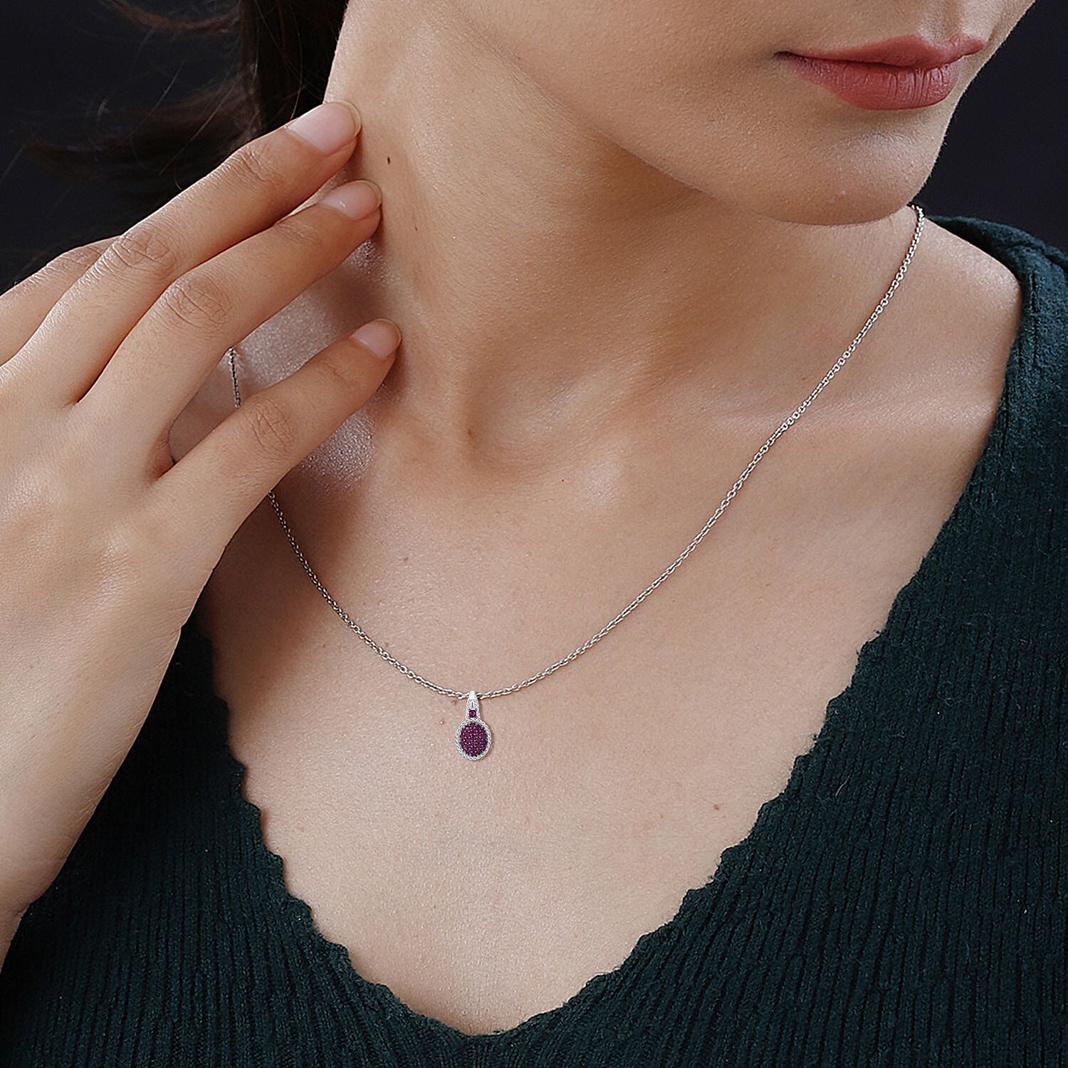 Mozambique Ruby and Moissanite Cluster Pendant Necklace 20 Inches in Rhodium Over Sterling Silver 1.10 ctw