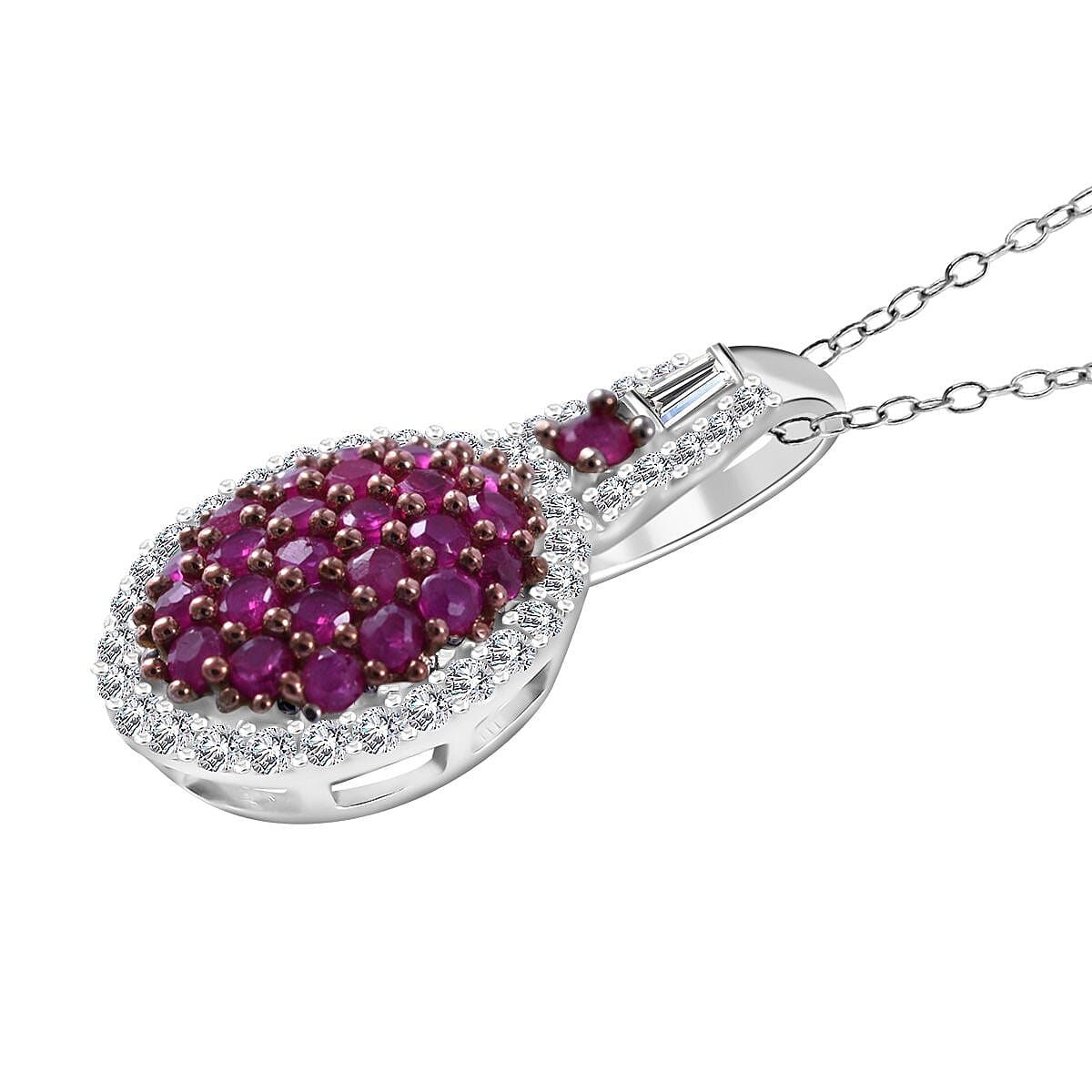 Mozambique Ruby and Moissanite Cluster Pendant Necklace 20 Inches in Rhodium Over Sterling Silver 1.10 ctw