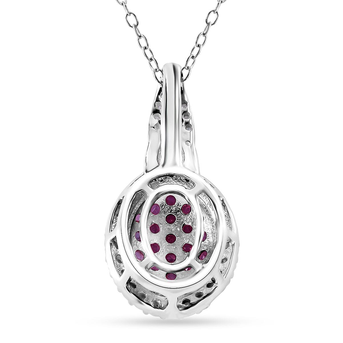 Mozambique Ruby and Moissanite Cluster Pendant Necklace 20 Inches in Rhodium Over Sterling Silver 1.10 ctw