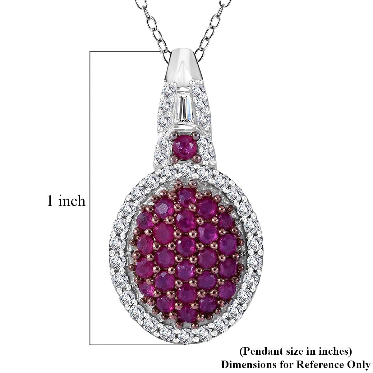 Mozambique Ruby and Moissanite Cluster Pendant Necklace 20 Inches in Rhodium Over Sterling Silver 1.10 ctw