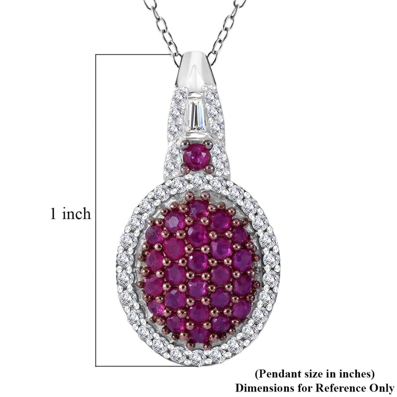 Mozambique Ruby and Moissanite Cluster Pendant Necklace 20 Inches in Rhodium Over Sterling Silver 1.10 ctw