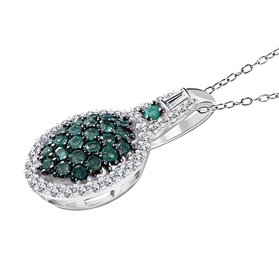 Kagem Zambian Emerald and Moissanite Cluster Pendant Necklace 20 Inches in Rhodium Over Sterling Silver 0.90 ctw