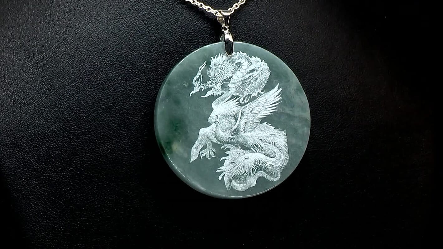 Olmec Jadeite 190.00 ctw Dragon Pendant Necklace in Rhodium Over Sterling Silver 20 Inches