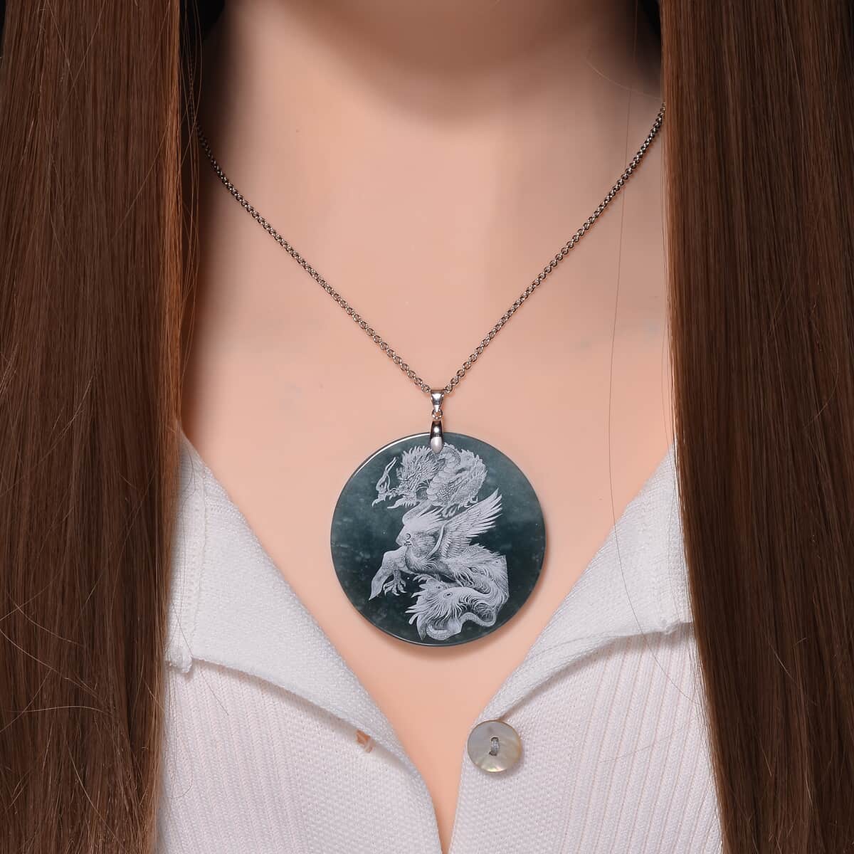 Olmec Jadeite 190.00 ctw Dragon Pendant Necklace in Rhodium Over Sterling Silver 20 Inches image number 1