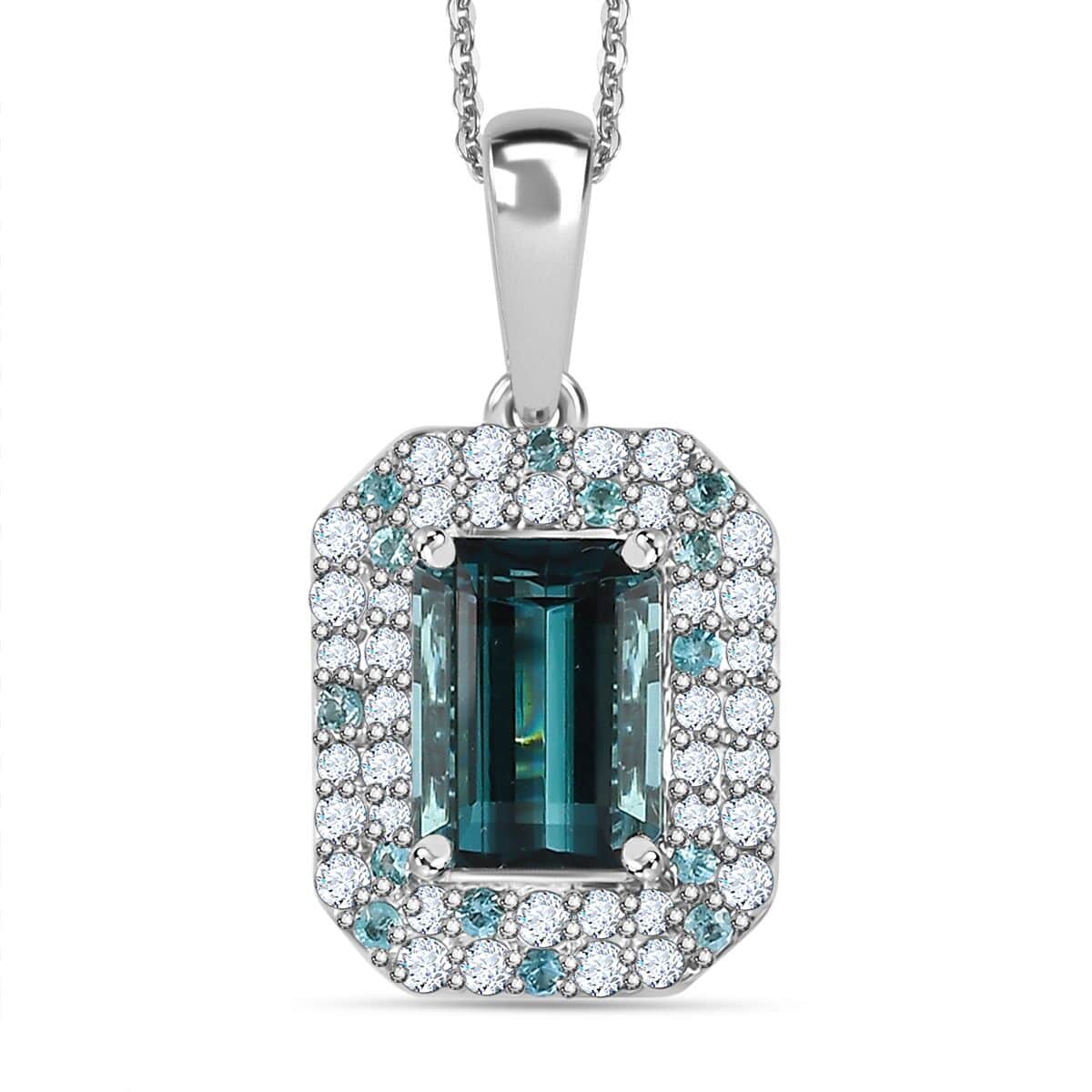 Certified & Appraised Rhapsody 950 Platinum AAAA Monte Belo Indicolite, Paraiba Tourmaline and E-F VS Diamond Double Halo Pendant Necklace 18 Inches 4.80 Graams 2.94 ctw image number 0