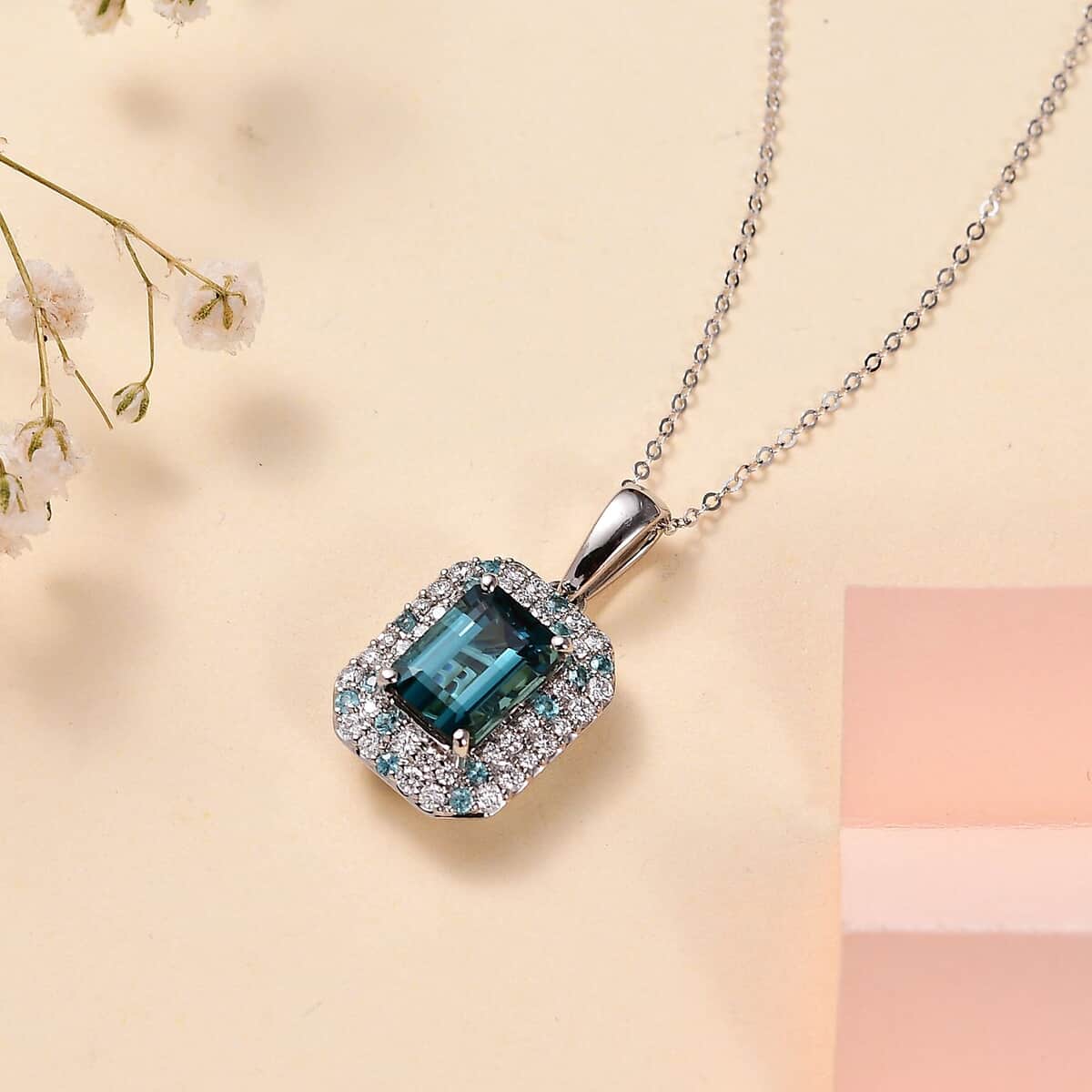 Certified & Appraised Rhapsody 950 Platinum AAAA Monte Belo Indicolite, Paraiba Tourmaline and E-F VS Diamond Double Halo Pendant Necklace 18 Inches 4.80 Graams 2.94 ctw image number 1