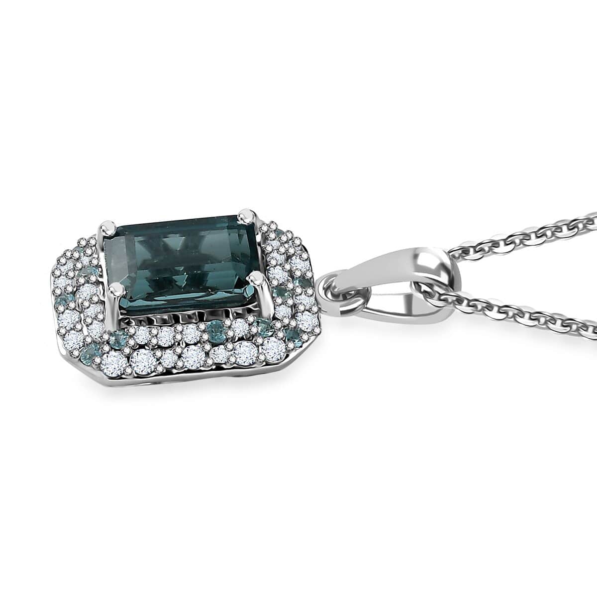 Certified & Appraised Rhapsody 950 Platinum AAAA Monte Belo Indicolite, Paraiba Tourmaline and E-F VS Diamond Double Halo Pendant Necklace 18 Inches 4.80 Graams 2.94 ctw image number 2