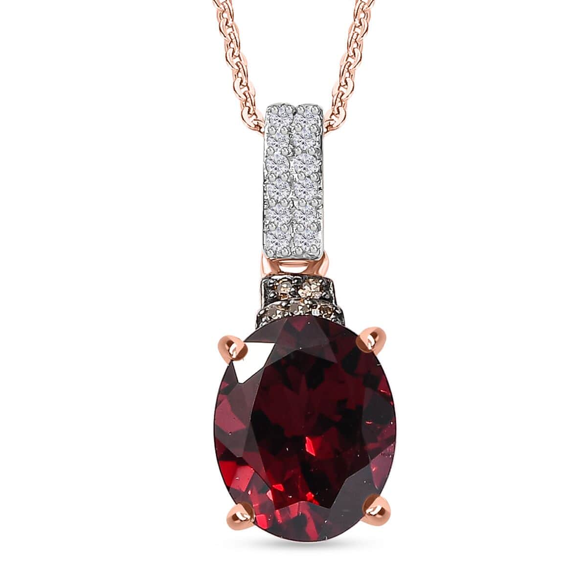 Premium Orissa Rhodolite Garnet, Natural Champagne and White Diamond Pendant Necklace 20 Inches in 18K Vermeil Rose Gold Over Sterling Silver 3.30 ctw image number 0