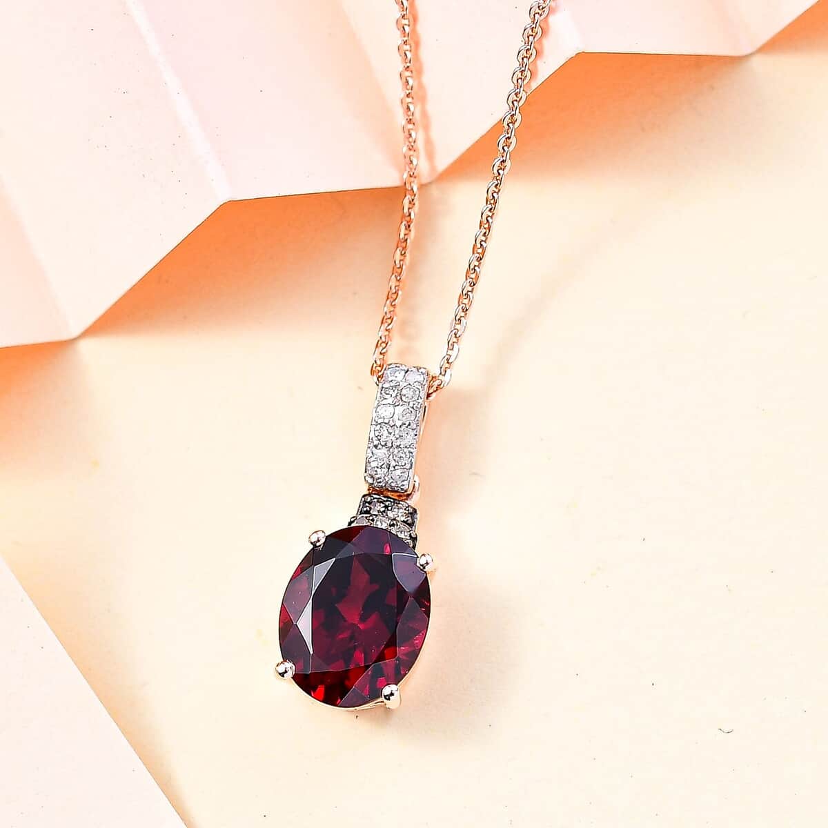 Premium Orissa Rhodolite Garnet, Natural Champagne and White Diamond Pendant Necklace 20 Inches in 18K Vermeil Rose Gold Over Sterling Silver 3.30 ctw image number 1