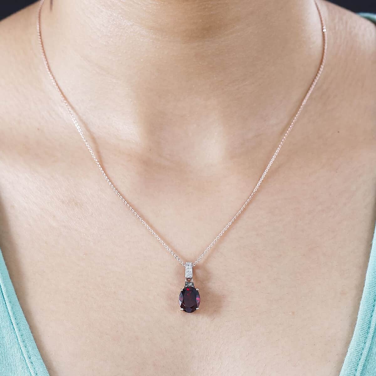 Premium Orissa Rhodolite Garnet, Natural Champagne and White Diamond Pendant Necklace 20 Inches in 18K Vermeil Rose Gold Over Sterling Silver 3.30 ctw image number 2