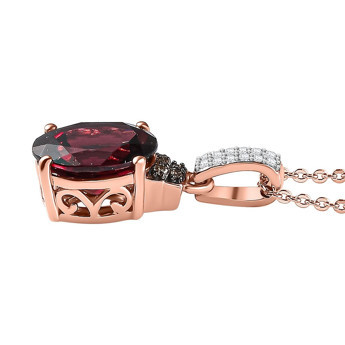 Premium Orissa Rhodolite Garnet, Natural Champagne and White Diamond Pendant Necklace 20 Inches in 18K Vermeil Rose Gold Over Sterling Silver 3.30 ctw