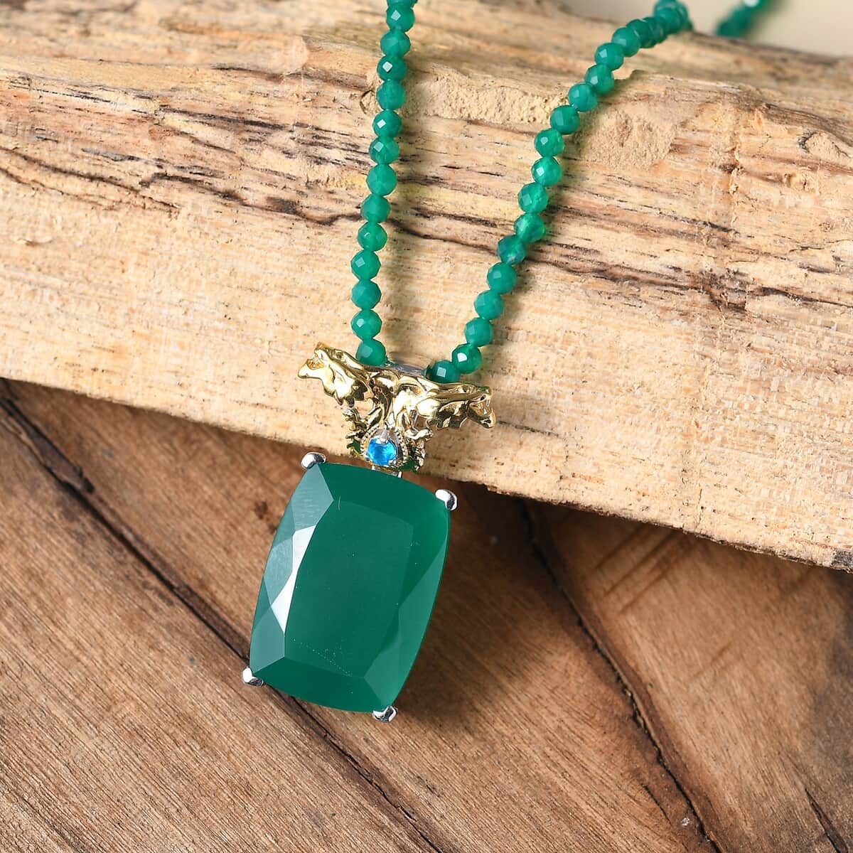 Verde Onyx and Malgache Neon Apatite 124.10 ctw Dragon Pendant with Beaded Necklace in 18K Vermeil YG and Rhodium Over Sterling Silver 18-20 Inches image number 1