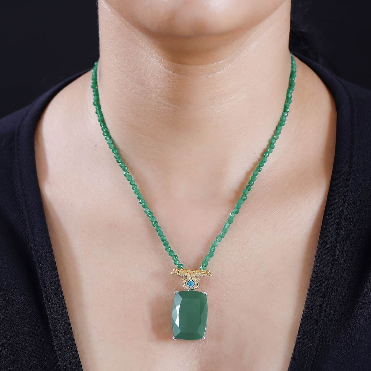 Verde Onyx and Malgache Neon Apatite 124.10 ctw Dragon Pendant with Beaded Necklace in 18K Vermeil YG and Rhodium Over Sterling Silver 18-20 Inches image number 2