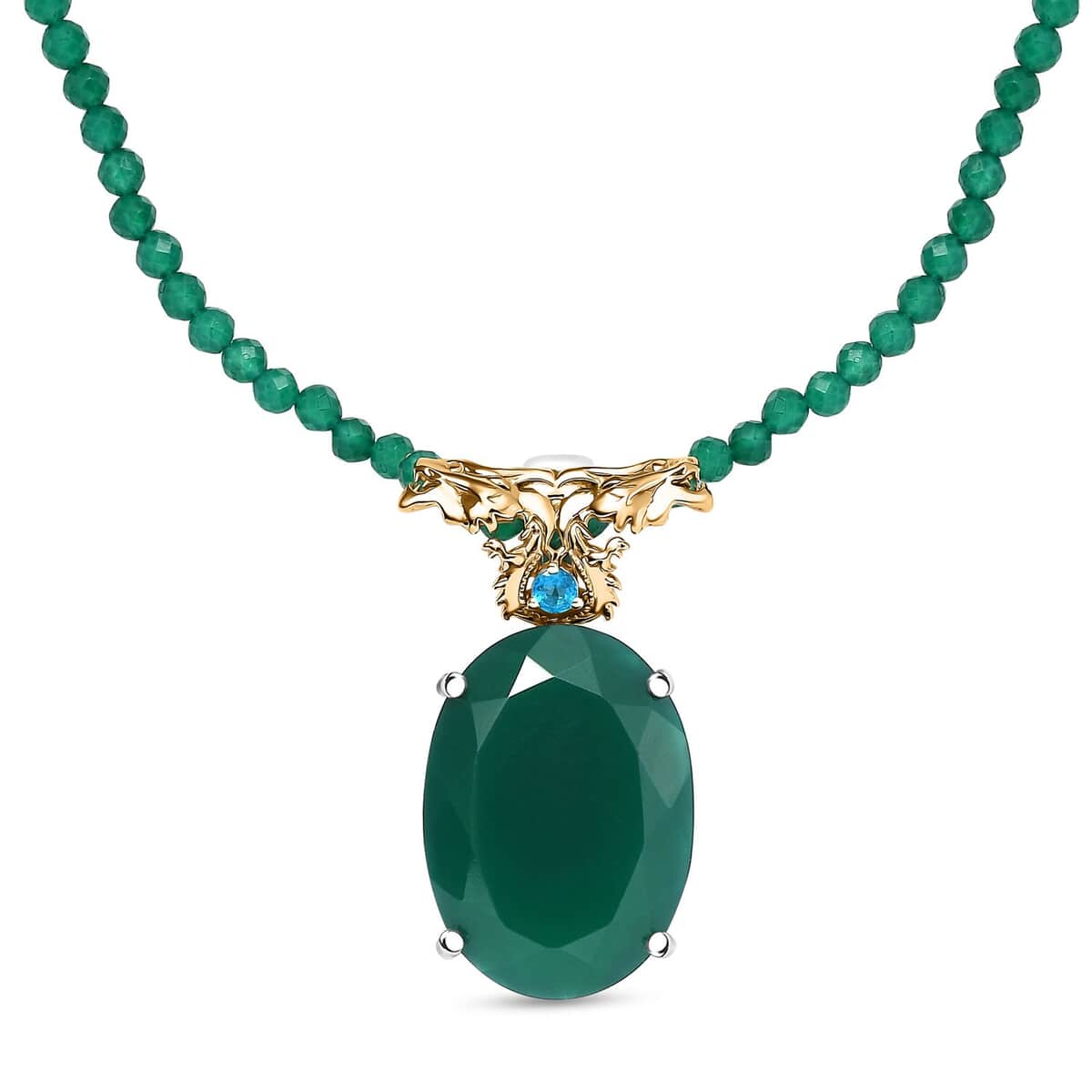 Verde Onyx and Malgache Neon Apatite 120.85 ctw Dragon Pendant with Beaded Necklace in 18K Vermeil YG and Rhodium Over Sterling Silver 18-20 Inches image number 0