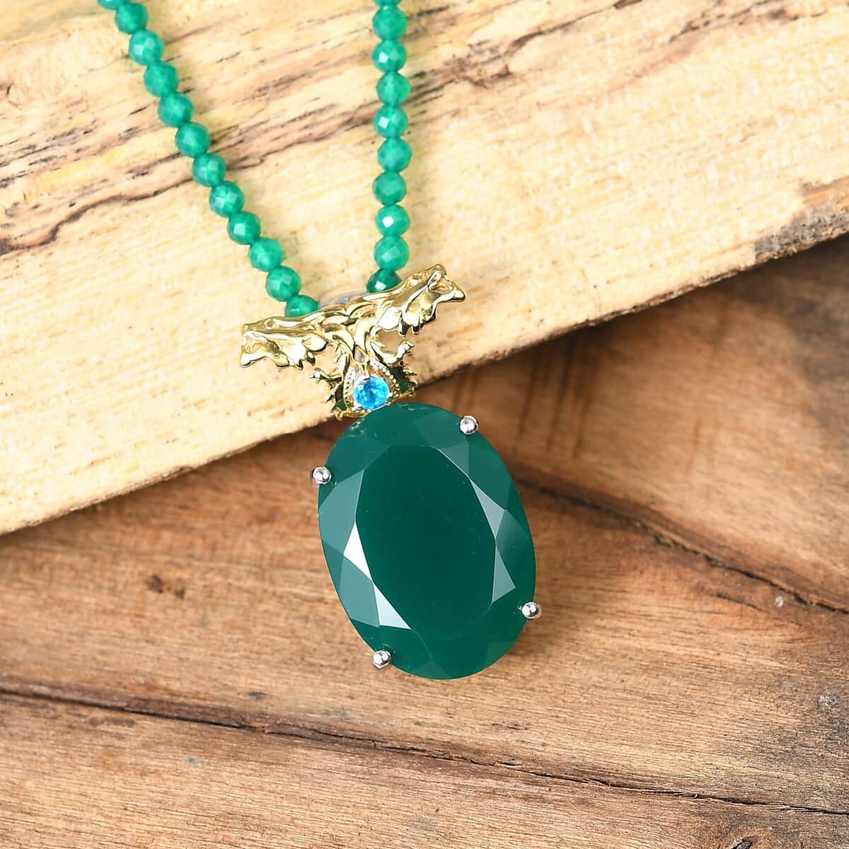 Verde Onyx and Malgache Neon Apatite 120.85 ctw Dragon Pendant with Beaded Necklace in 18K Vermeil YG and Rhodium Over Sterling Silver 18-20 Inches image number 1