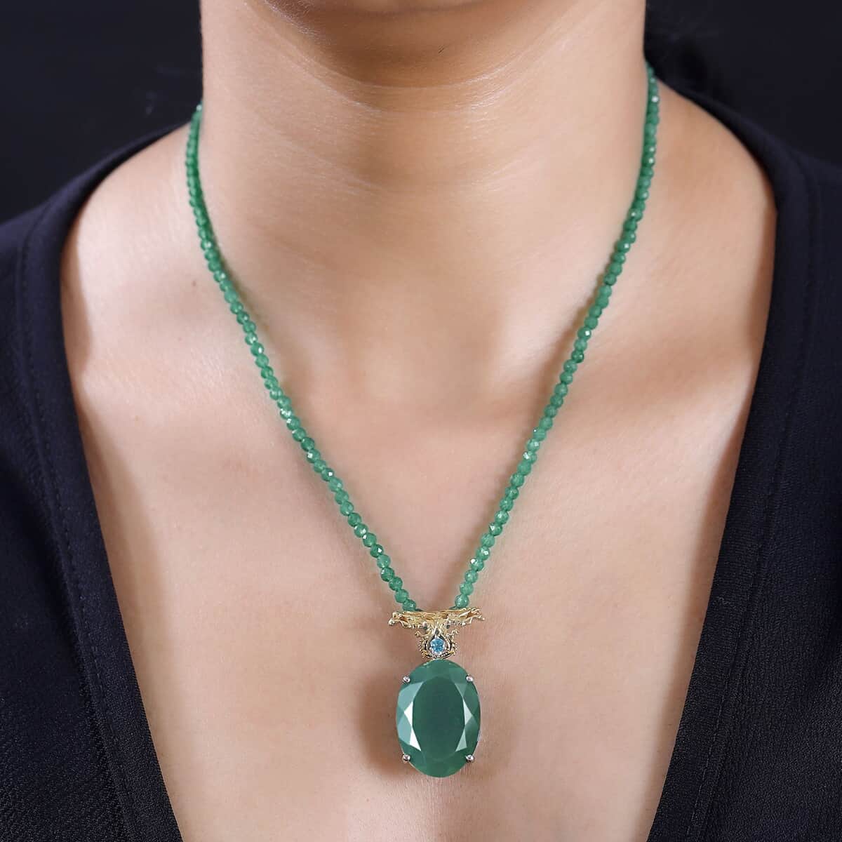 Verde Onyx and Malgache Neon Apatite 120.85 ctw Dragon Pendant with Beaded Necklace in 18K Vermeil YG and Rhodium Over Sterling Silver 18-20 Inches image number 2