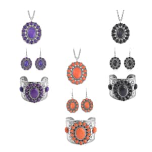 Set of 3, Multi Howlite Dangle Earrings, Cuff Bracelet (7.5-8.5In) and Pendant Necklace 26-30 Inches in Silvertone 657.00 ctw