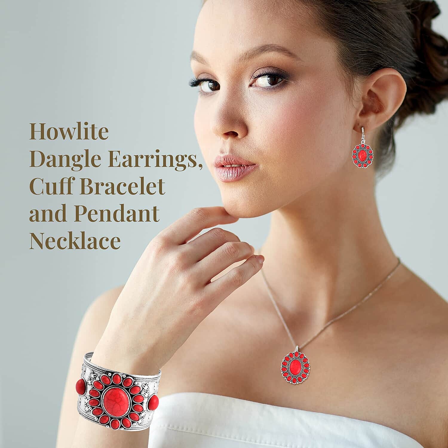 Set of 5, Constituted Multi Howlite Dangle Earrings, Cuff Bracelet (7.5-8.5In) and Pendant Necklace 26-30 Inches in Silvertone 1018.00 ctw