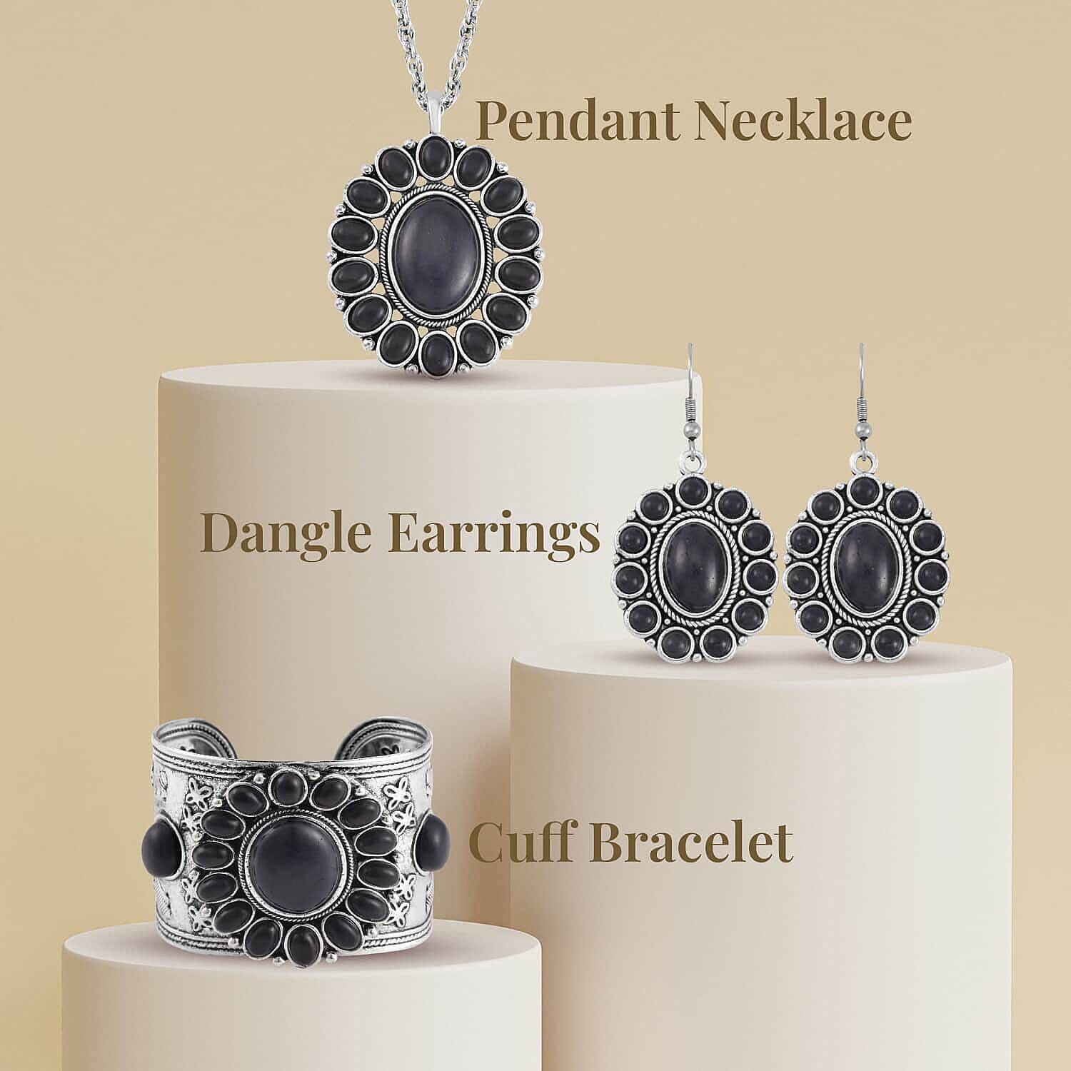 Set of 5, Constituted Multi Howlite Dangle Earrings, Cuff Bracelet (7.5-8.5In) and Pendant Necklace 26-30 Inches in Silvertone 1018.00 ctw