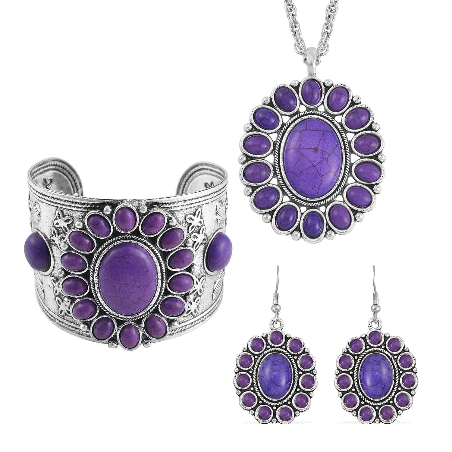 Set of 5, Constituted Multi Howlite Dangle Earrings, Cuff Bracelet (7.5-8.5In) and Pendant Necklace 26-30 Inches in Silvertone 1018.00 ctw